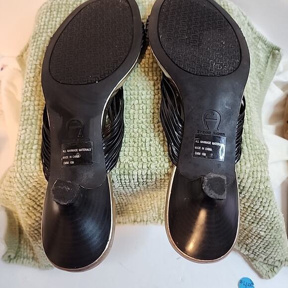 Etienne Aigner Black Kitten Heel Sandals Slip On Woven Strap Mules Sz 10 - Picture 5 of 7